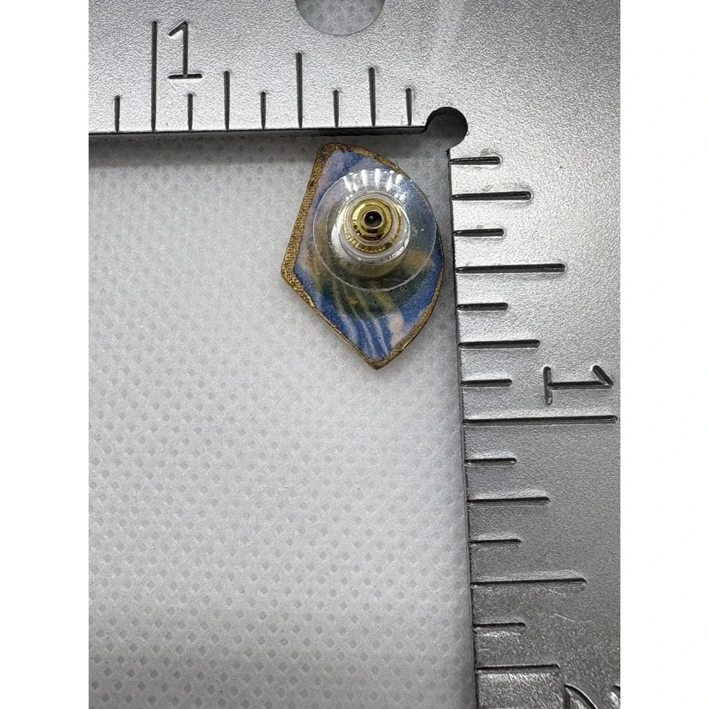 Vintage Artisan Ceramic Earrings Abstract Blue & Pink‎ Swirl Gold Tone Edge